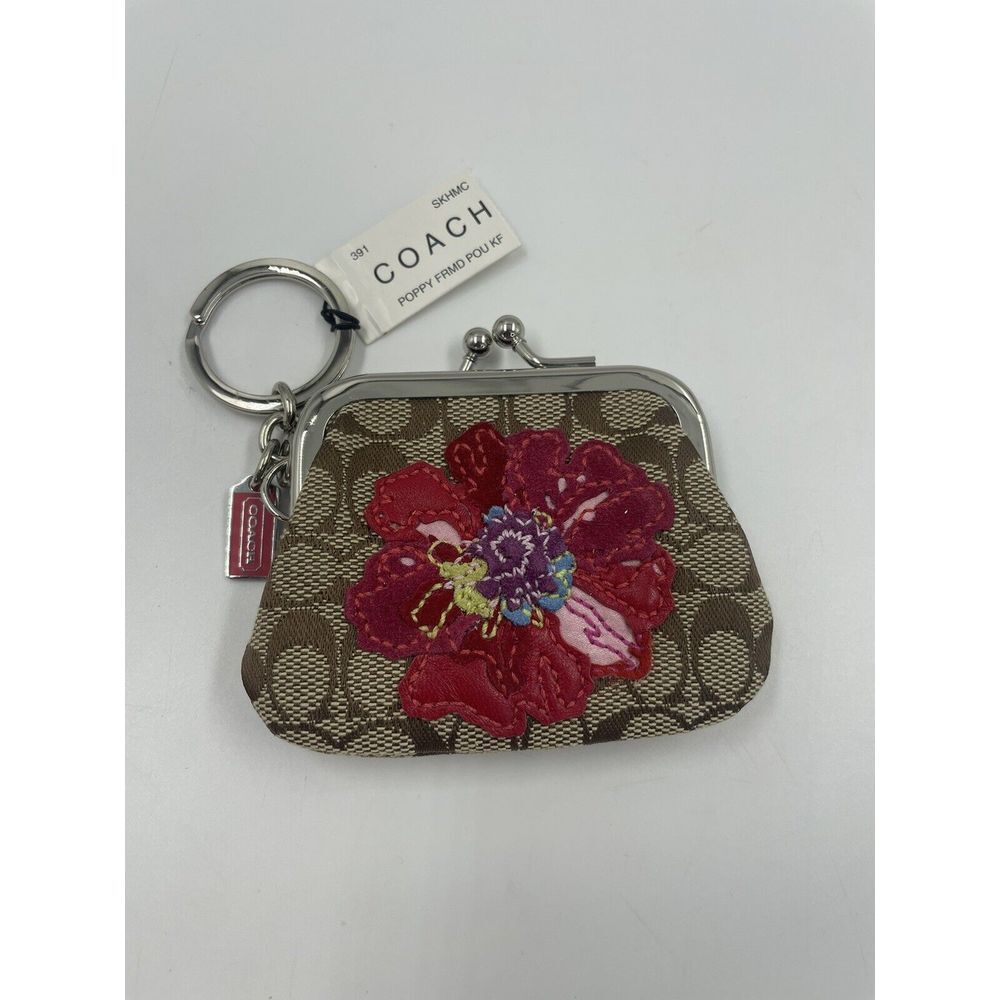 Coach Mini Signature Poppy Appliqué Kiss-lock Coin Purse FOB Key Chain NWT VTG